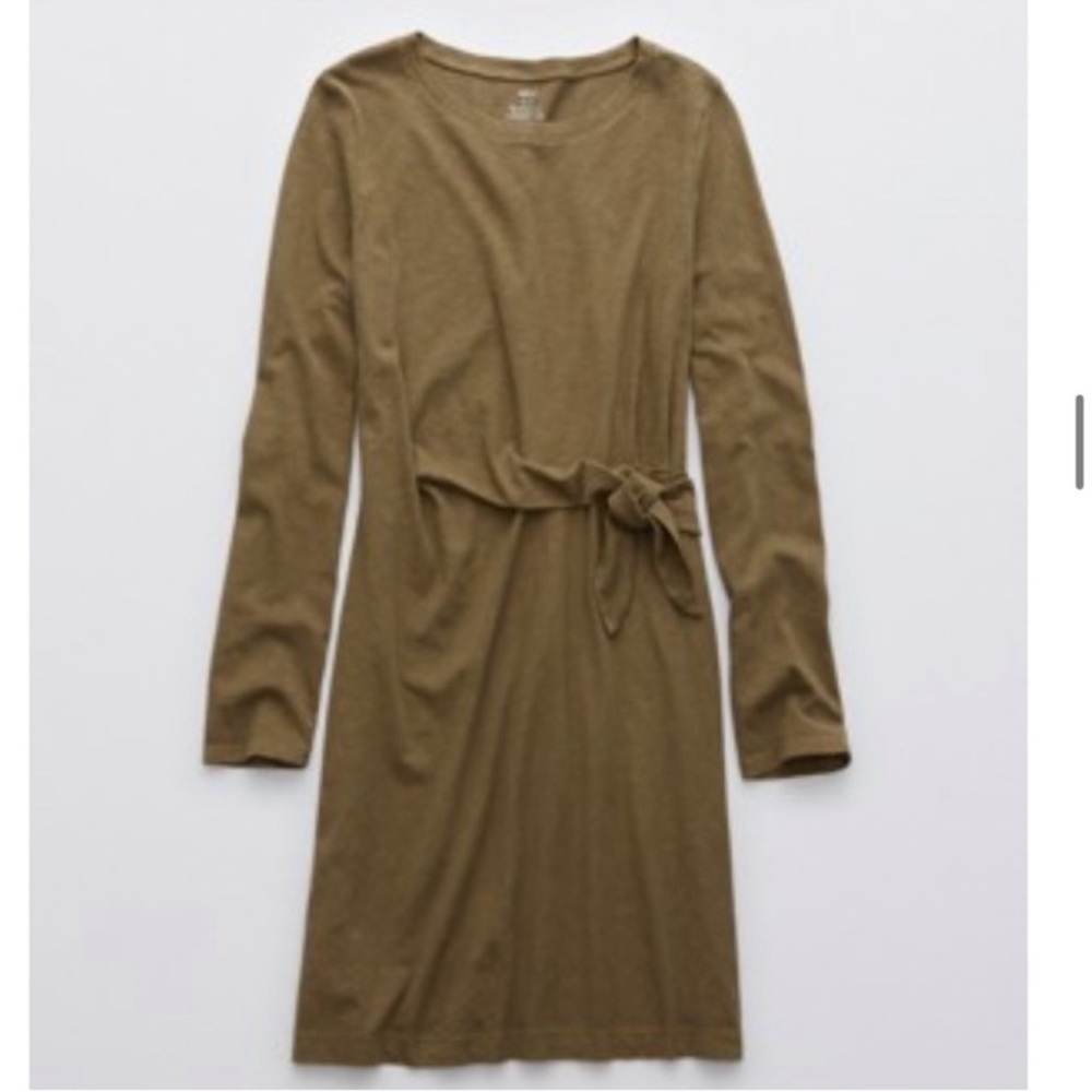 Aerie Olive Cotton Long-Sleeve Side Tie Sheath Dress 🌿